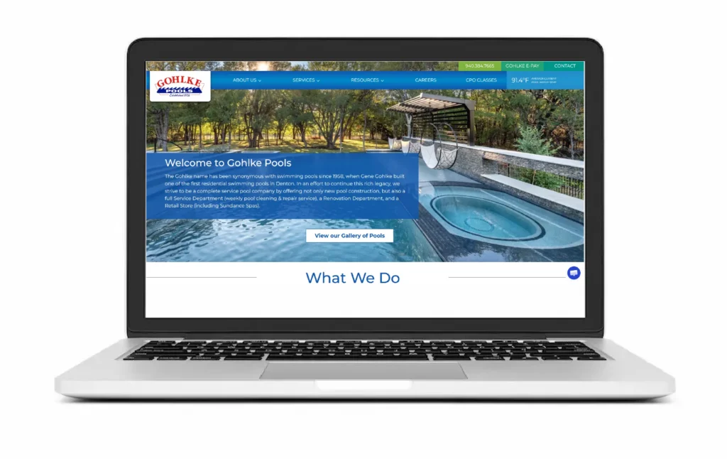 Representation of the Gohlke Pools website being viewed on a laptop.